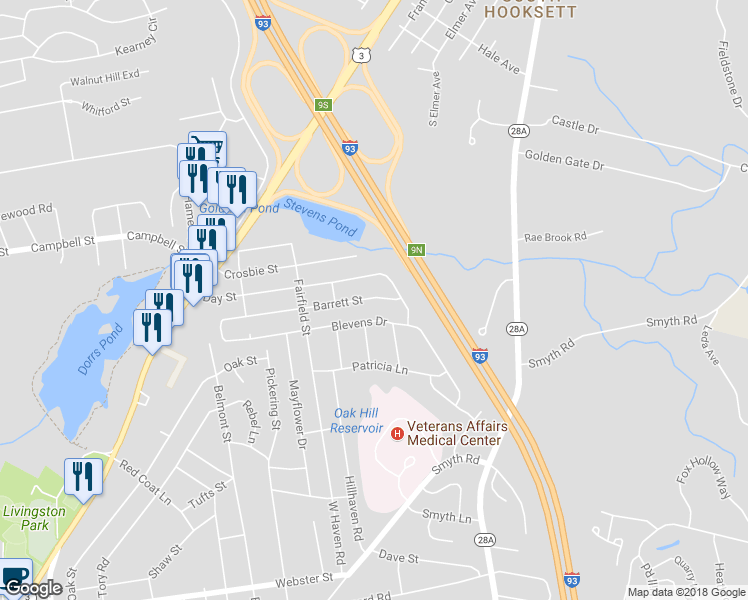 map of restaurants, bars, coffee shops, grocery stores, and more near 303 Barrett Street in Manchester