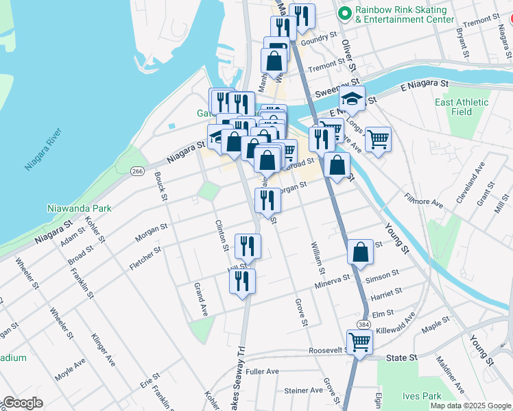 map of restaurants, bars, coffee shops, grocery stores, and more near 102 Main Street in Tonawanda