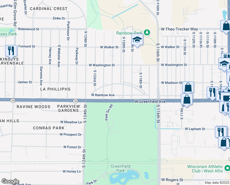 map of restaurants, bars, coffee shops, grocery stores, and more near 1352 South 121st Street in West Allis