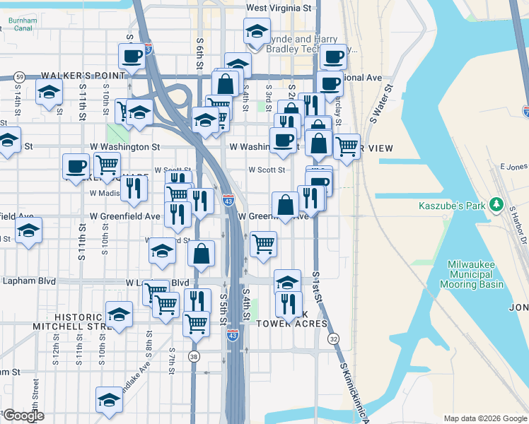 map of restaurants, bars, coffee shops, grocery stores, and more near 1402 South 4th Street in Milwaukee