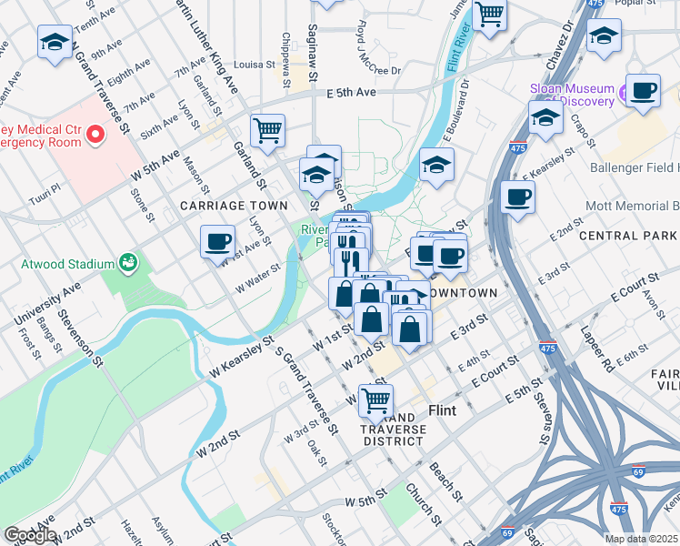 map of restaurants, bars, coffee shops, grocery stores, and more near 328 Saginaw Street in Flint