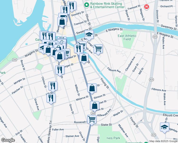 map of restaurants, bars, coffee shops, grocery stores, and more near 28 Benton Street in Tonawanda
