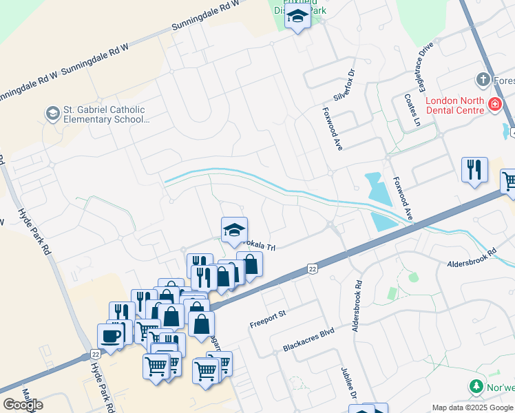 map of restaurants, bars, coffee shops, grocery stores, and more near 1880 Couldridge Way in London