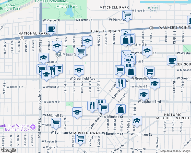 map of restaurants, bars, coffee shops, grocery stores, and more near 2022 West Greenfield Avenue in Milwaukee