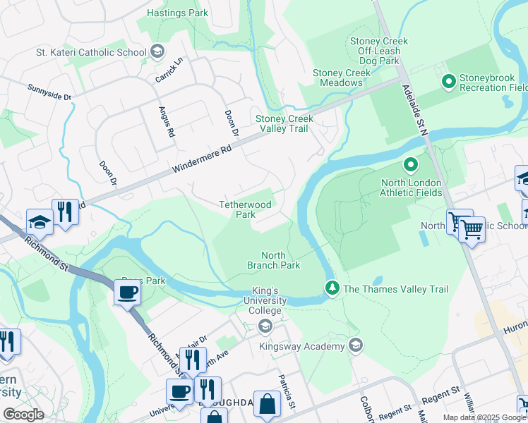 map of restaurants, bars, coffee shops, grocery stores, and more near 75 Tetherwood Boulevard in London