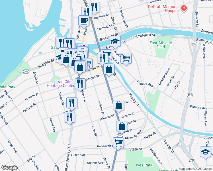 map of restaurants, bars, coffee shops, grocery stores, and more near 68 Delaware Street in Tonawanda