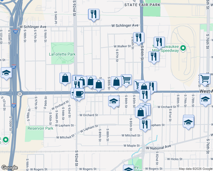map of restaurants, bars, coffee shops, grocery stores, and more near 1360 South 89th Street in West Allis
