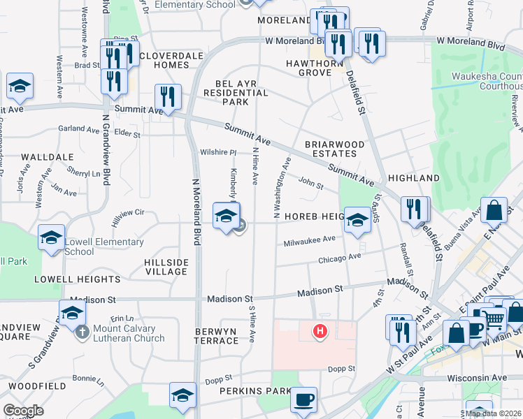 map of restaurants, bars, coffee shops, grocery stores, and more near 405 North Hine Avenue in Waukesha