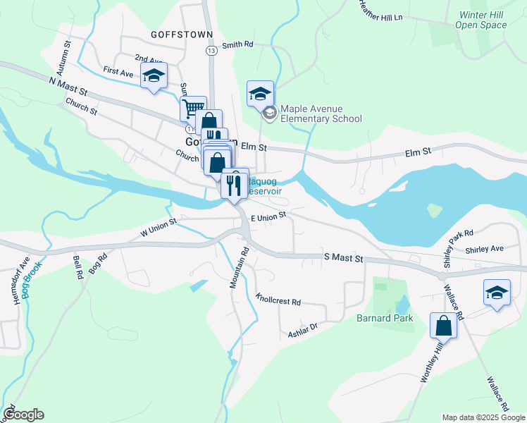 map of restaurants, bars, coffee shops, grocery stores, and more near 16 East Union Street in Goffstown