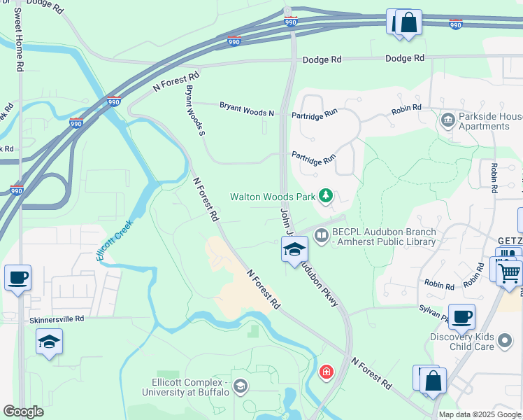 map of restaurants, bars, coffee shops, grocery stores, and more near 491 John James Audubon Parkway in Getzville