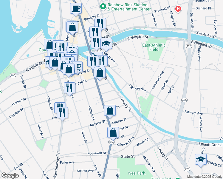 map of restaurants, bars, coffee shops, grocery stores, and more near 28 Benton Street in Tonawanda