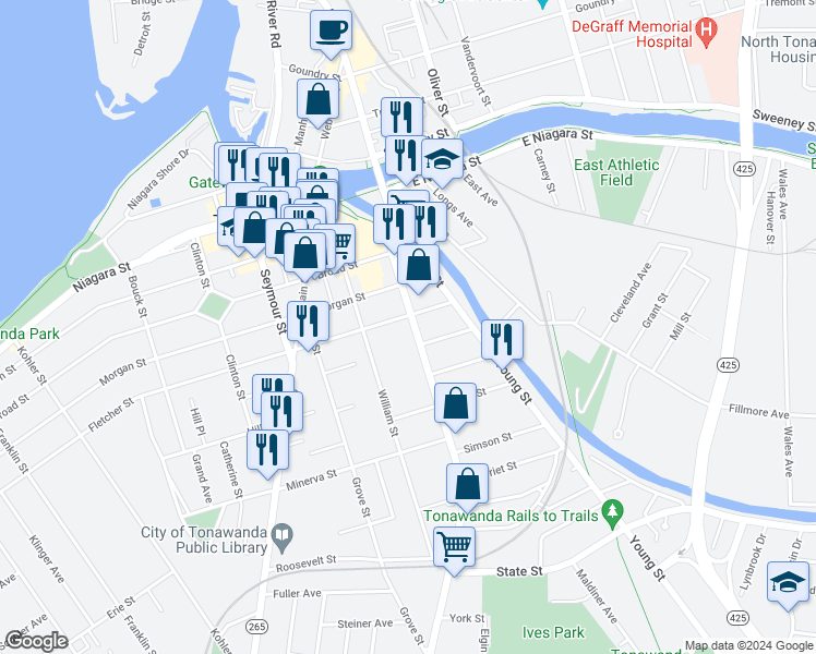 map of restaurants, bars, coffee shops, grocery stores, and more near 80 Delaware Street in Tonawanda