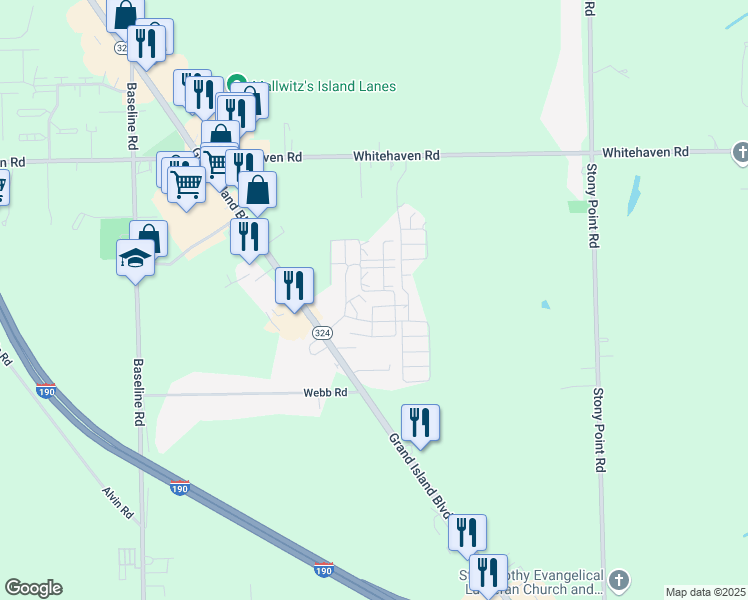 map of restaurants, bars, coffee shops, grocery stores, and more near 304 Island Pass in Grand Island