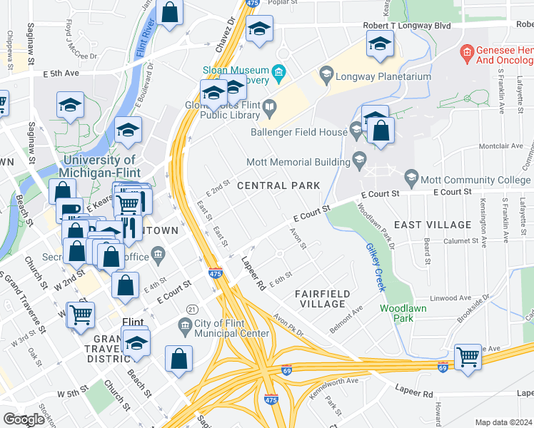 map of restaurants, bars, coffee shops, grocery stores, and more near 807 Thomson Street in Flint