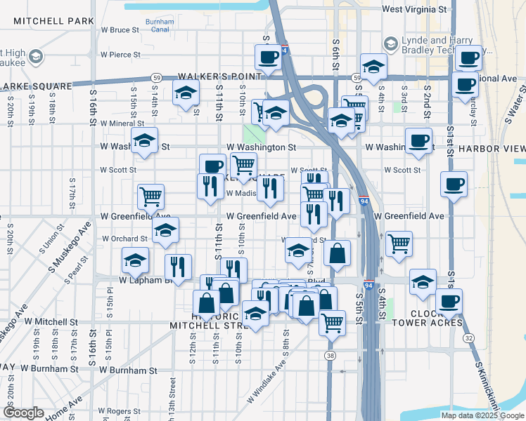 map of restaurants, bars, coffee shops, grocery stores, and more near 1338 South 9th Street in Milwaukee