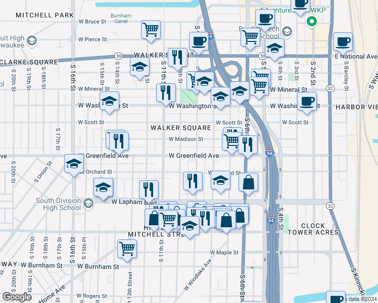 map of restaurants, bars, coffee shops, grocery stores, and more near 1338 South 9th Street in Milwaukee