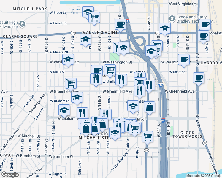 map of restaurants, bars, coffee shops, grocery stores, and more near 1001 West Greenfield Avenue in Milwaukee
