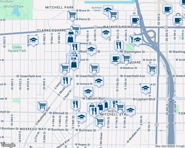 map of restaurants, bars, coffee shops, grocery stores, and more near 1421 West Greenfield Avenue in Milwaukee