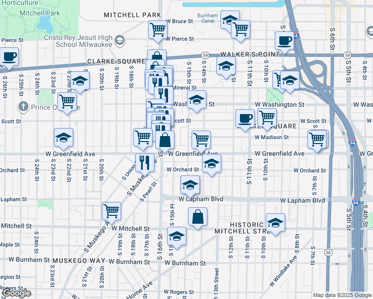 map of restaurants, bars, coffee shops, grocery stores, and more near 1529 West Greenfield Avenue in Milwaukee