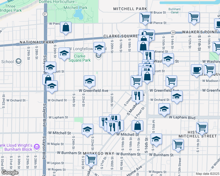 map of restaurants, bars, coffee shops, grocery stores, and more near 2022 West Greenfield Avenue in Milwaukee