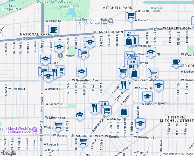 map of restaurants, bars, coffee shops, grocery stores, and more near 2022 West Greenfield Avenue in Milwaukee