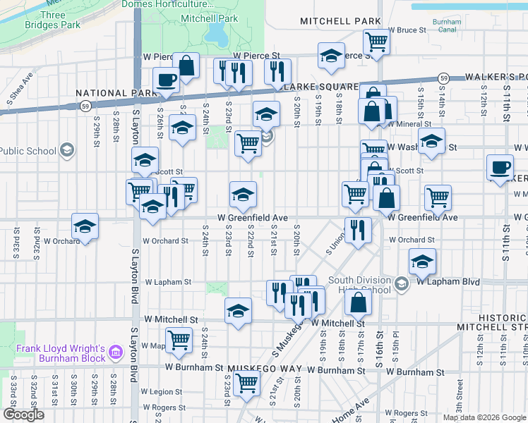 map of restaurants, bars, coffee shops, grocery stores, and more near 2137 West Greenfield Avenue in Milwaukee