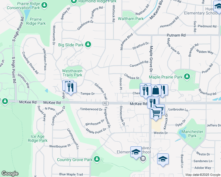 map of restaurants, bars, coffee shops, grocery stores, and more near 3157 Silverton Trail in Madison