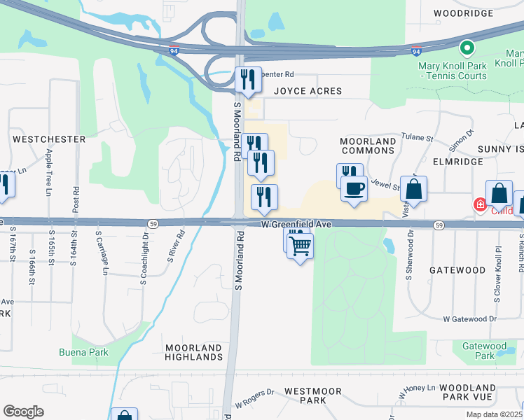 map of restaurants, bars, coffee shops, grocery stores, and more near 15500 West Greenfield Avenue in Brookfield