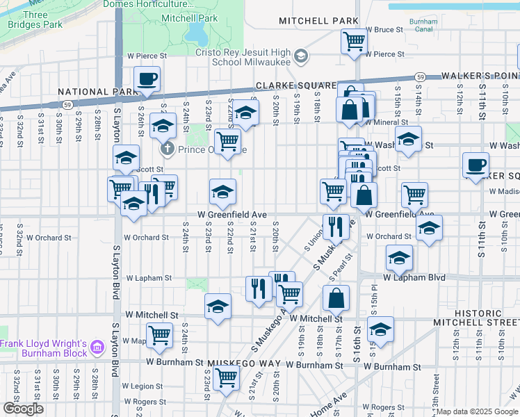 map of restaurants, bars, coffee shops, grocery stores, and more near 2022 West Greenfield Avenue in Milwaukee