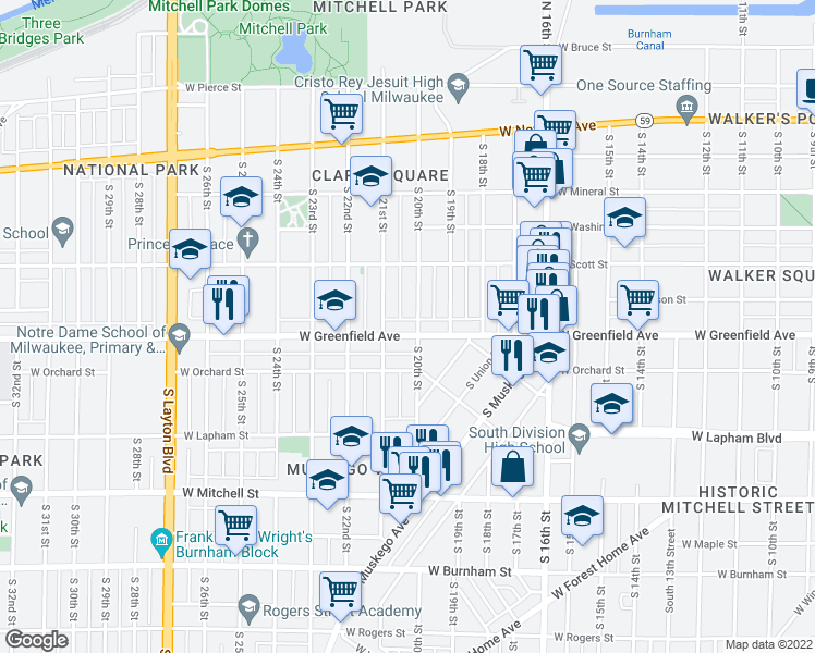 map of restaurants, bars, coffee shops, grocery stores, and more near 2022 West Greenfield Avenue in Milwaukee