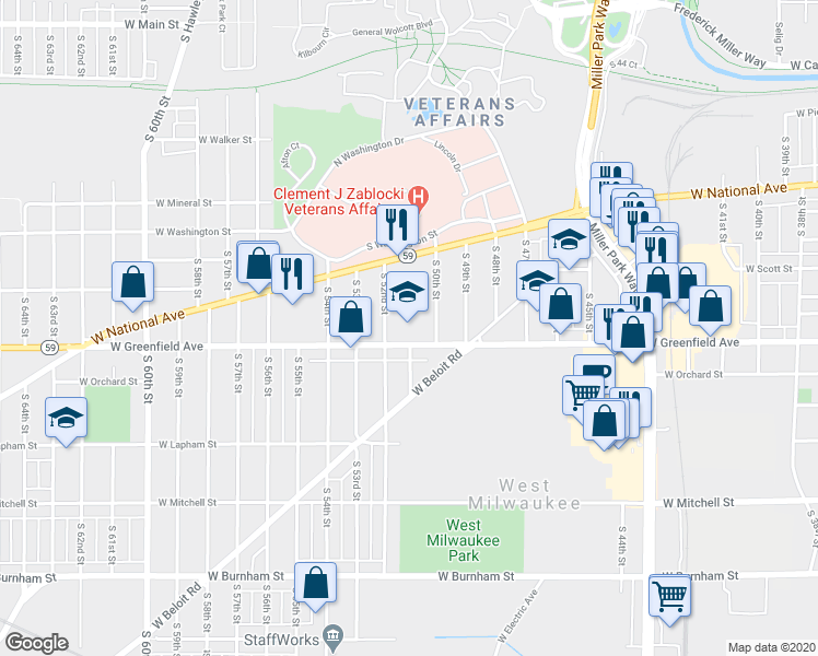 map of restaurants, bars, coffee shops, grocery stores, and more near 5104 West Greenfield Avenue in West Milwaukee
