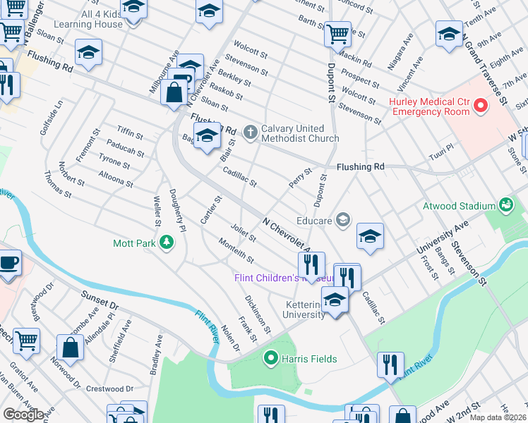 map of restaurants, bars, coffee shops, grocery stores, and more near 850 North Chevrolet Avenue in Flint