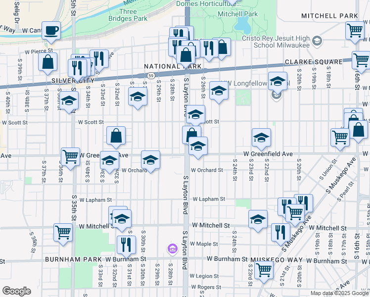 map of restaurants, bars, coffee shops, grocery stores, and more near 1335 South Layton Boulevard in Milwaukee