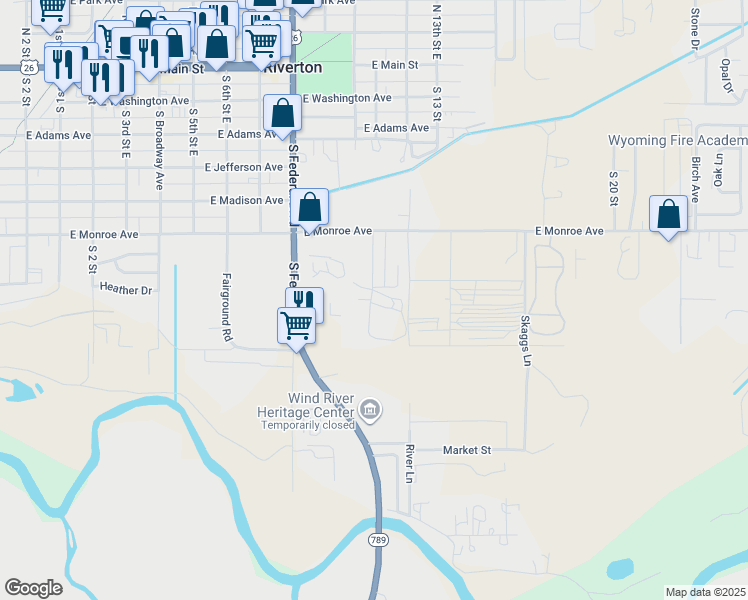 map of restaurants, bars, coffee shops, grocery stores, and more near 915 Linda Lee Street in Riverton
