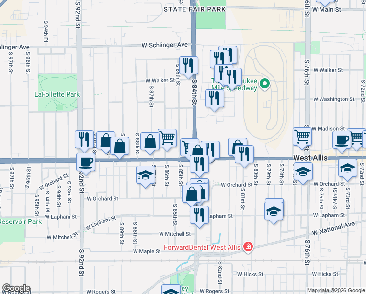 map of restaurants, bars, coffee shops, grocery stores, and more near 1360 South 85th Street in West Allis