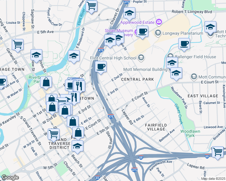 map of restaurants, bars, coffee shops, grocery stores, and more near 619 East 3rd Street in Flint