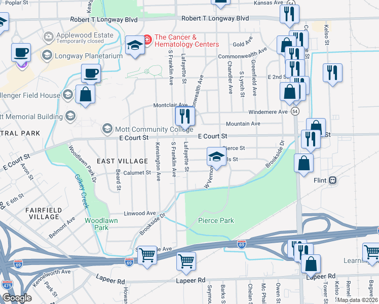 map of restaurants, bars, coffee shops, grocery stores, and more near 2002 Pierce Street in Flint