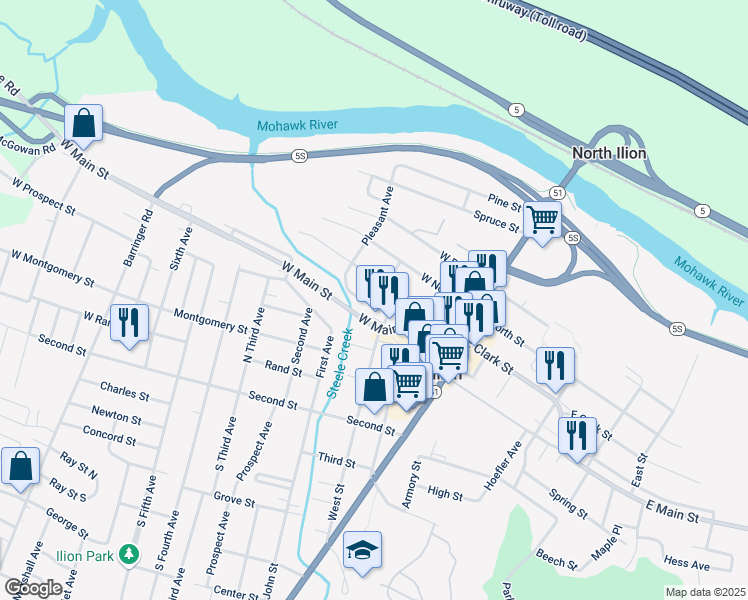 map of restaurants, bars, coffee shops, grocery stores, and more near 102-128 W Main St in Ilion