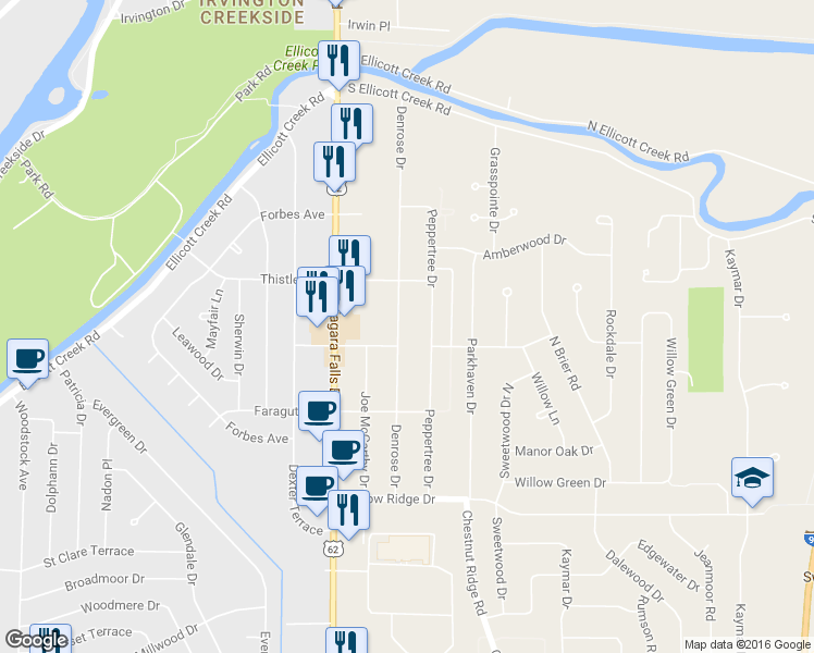 map of restaurants, bars, coffee shops, grocery stores, and more near 174 Peppertree Drive in Buffalo