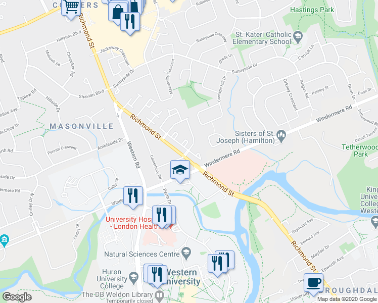 map of restaurants, bars, coffee shops, grocery stores, and more near 1500 Richmond Street in London