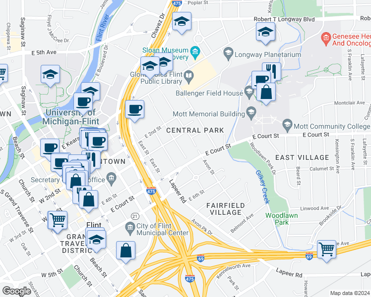 map of restaurants, bars, coffee shops, grocery stores, and more near 807 Thomson Street in Flint
