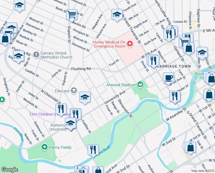 map of restaurants, bars, coffee shops, grocery stores, and more near 1208 West 4th Avenue in Flint