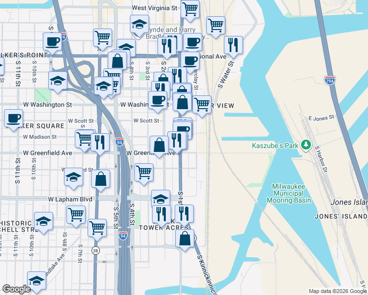 map of restaurants, bars, coffee shops, grocery stores, and more near 117 East Greenfield Avenue in Milwaukee