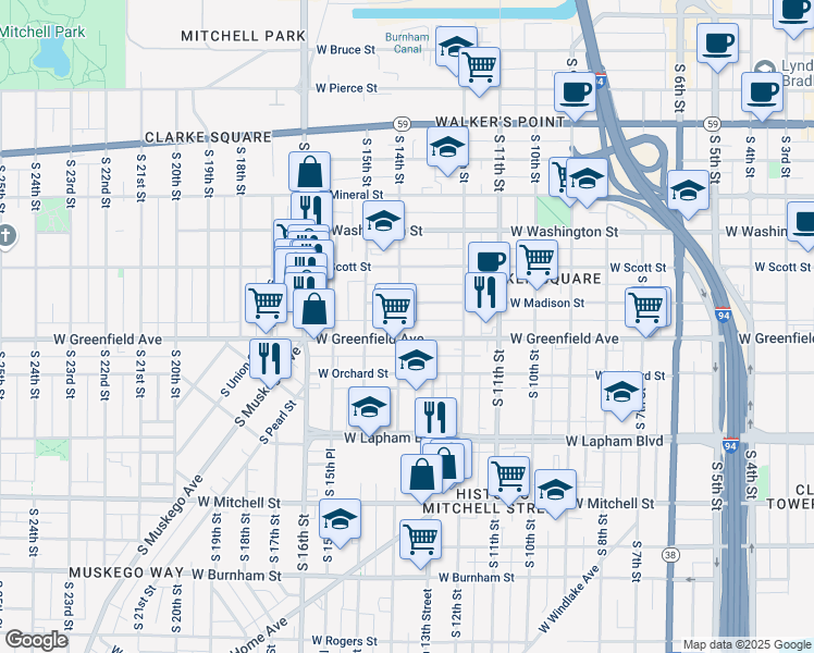 map of restaurants, bars, coffee shops, grocery stores, and more near 1315 West Greenfield Avenue in Milwaukee