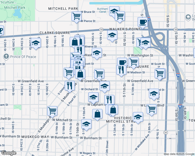 map of restaurants, bars, coffee shops, grocery stores, and more near 1421 West Greenfield Avenue in Milwaukee