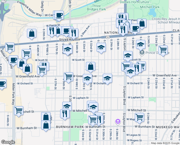 map of restaurants, bars, coffee shops, grocery stores, and more near 3202 West Greenfield Avenue in Milwaukee
