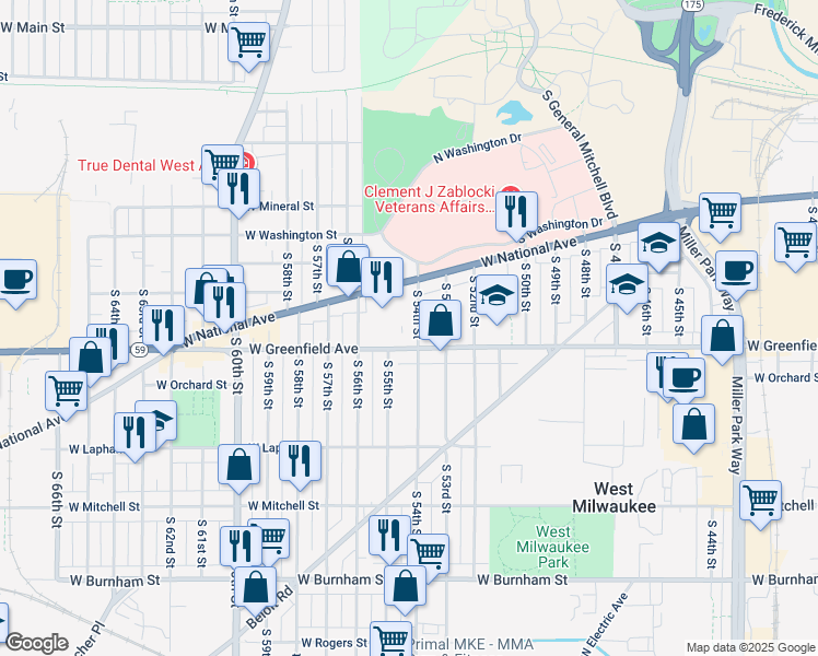 map of restaurants, bars, coffee shops, grocery stores, and more near 5420 West Greenfield Avenue in West Milwaukee