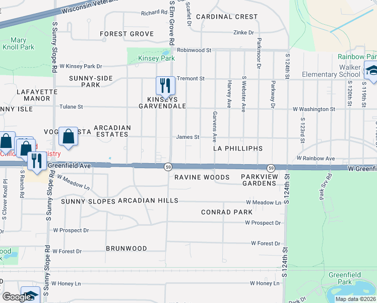 map of restaurants, bars, coffee shops, grocery stores, and more near 1350 Bobolink Drive in Brookfield