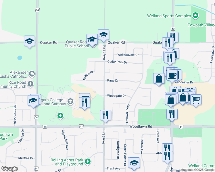 map of restaurants, bars, coffee shops, grocery stores, and more near 558 First Avenue in Welland