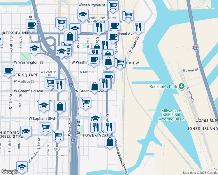 map of restaurants, bars, coffee shops, grocery stores, and more near 117 East Greenfield Avenue in Milwaukee